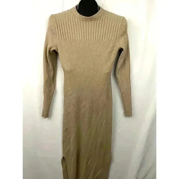 Light Brown Long Sleeve Ribbed Sweater Dress MEDIUM Pullover Prologue - Picture 4 of 9